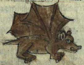 Medieval manuscript image of a mouse with bat wings.