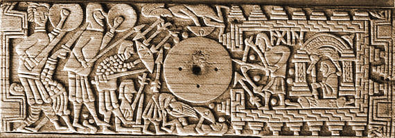 A carved panel from the Franks Casket depicting a man and woman in the bricked square. The man is shooting arrows out of a hole towards an attacking army with spears and shields.