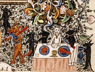 Medieval manuscript image of several dog-like animals walking on their hind legs, picking up food from a buffet table with a highly detailed plant background.