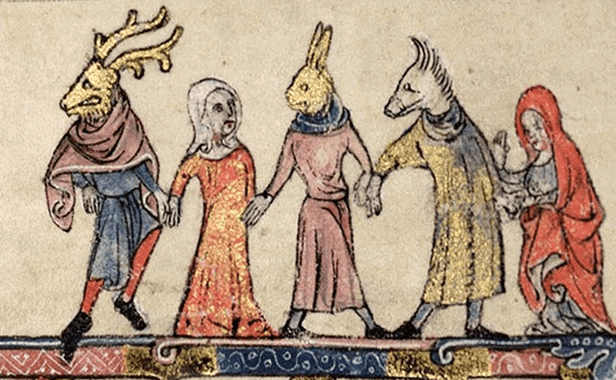 A medieval manuscript illustration of five figures holding hands in a procession or dance. From left to right, a man with a deer head, a human woman, a man with a rabbit head, a man with a boar head, and a human woman.