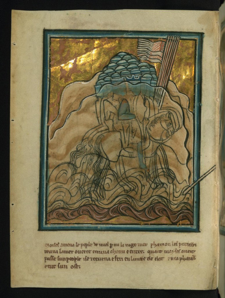 A manuscript page shows many soldiers on horseback trapped in a towering wave of water. Their spears and the tops of their helmets still poke out the top of the wave.