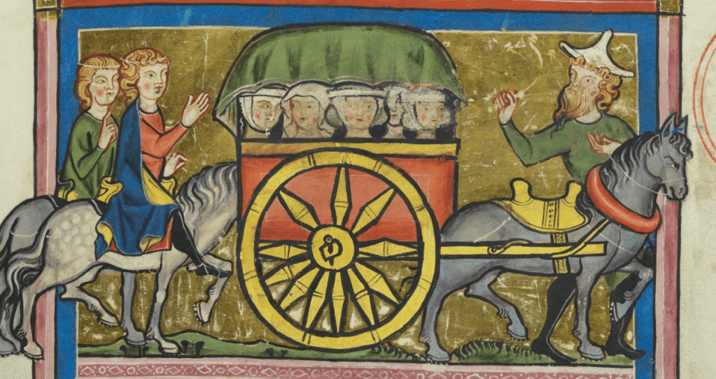 A manuscript image shows a two-wheeled wagon pulled by a horse. Five women look out of the wagon from under a green wagon cover. The man leading the horse gestures to the two men riding horses behind the wagon.