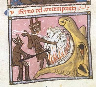 A manuscript illustration shows two hairy brown devils forcing three naked humans into the flames in a giant beast's mouth. One of the sharp implements used to poke and prod the humans appears to be a long fork.