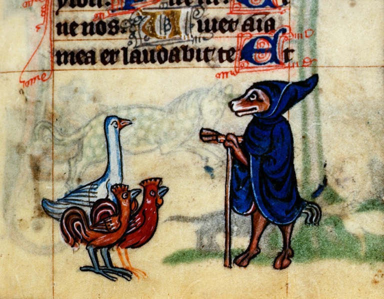 Medieval manuscript illustration of a fox in a blue hooded robe, holding a crozier, preaching to two roosters and a duck.