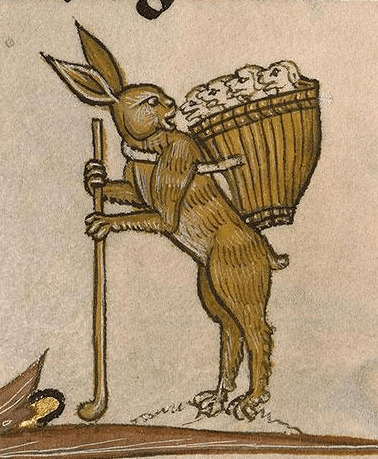 Medieval manuscript image of a rabbit standing on its hind legs, holding a walking stick, and carrying a basket of puppies on its back.