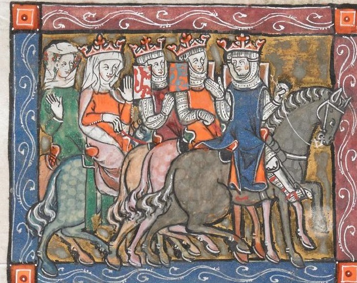 Medieval manuscript image of an armoured king on a horse looking behind him at the two men and two women on horseback who are following him.