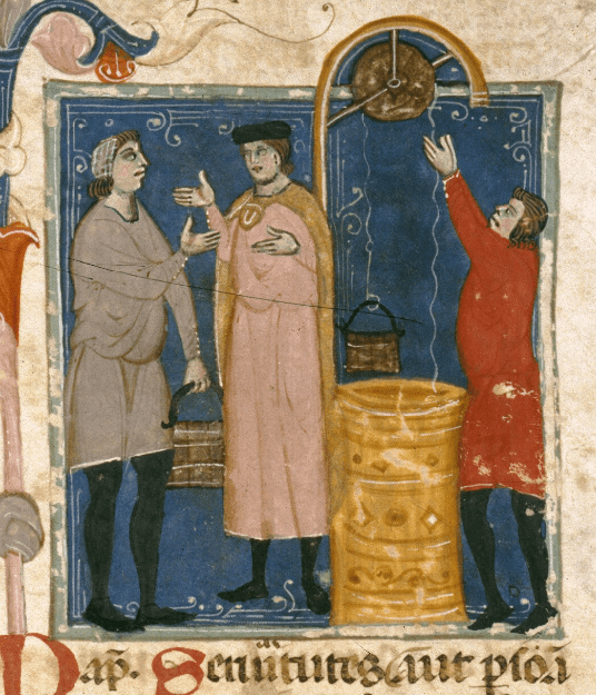 Medieval manuscript image of two men talking by a well, one of whom is holding a bucket, and a third man drawing water from the well using a pulley system.