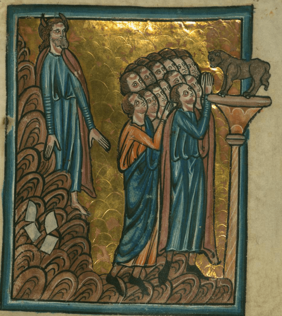 Medieval manuscript illustration of a group of men praying to a calf on a pedestal, while a bearded man with horns lurks in the background.