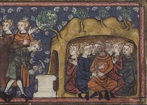 Medieval manuscript image of seven men huddled in a cave, with a man outside hammering a stone into place in front of the entrance.