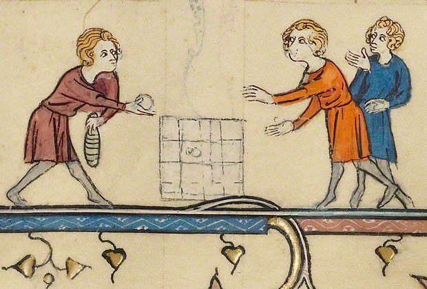 Medieval manuscript image of three boys playing a game with a five-by-five grid, a ball, and some kind of pin or bat.
