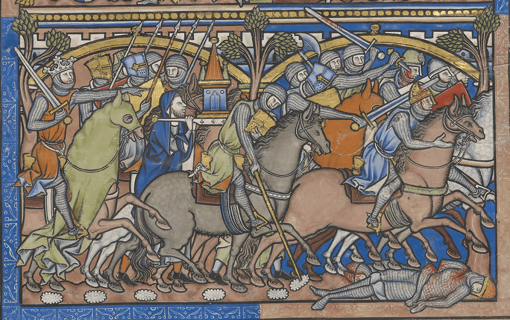 Medieval manuscript illustration of an army of armoured men on horses with swords and spears, riding into battle.