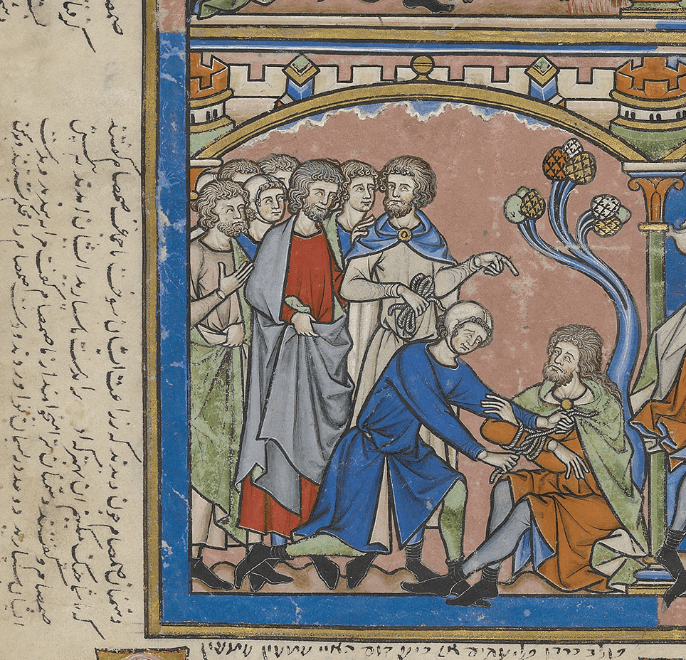 Medieval manuscript image a man binding the hands of another man with rope while a group of men looks on. In the margin is an inscription in Persian.