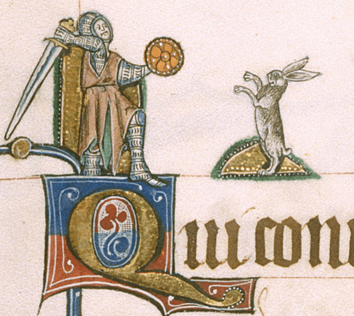 Medieval manuscript image of a knight drawing near a rabbit that stands on its hind legs; the knight holds a small shield and swings a very large sword over his shoulder.