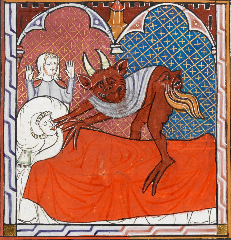 Medieval manuscript image of a horned devil with a face on its rear end. The devil sits on a dead man in bed, reaching towards his mouth to take his soul, while a frightened woman looks on.