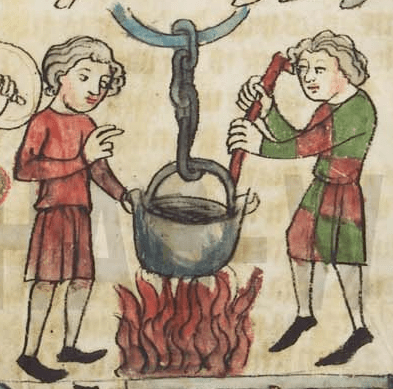 Medieval manuscript image of a pot suspended on a chain above a fire, with one man watching and another stirring.