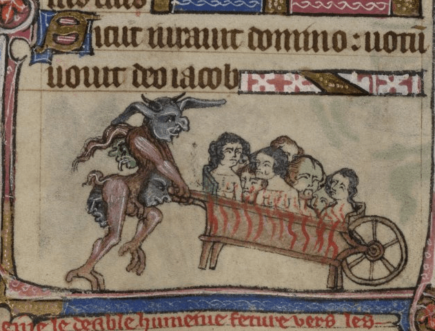 Medieval manuscript image of a four-faced devil pushing men in a flaming wheelbarrow.