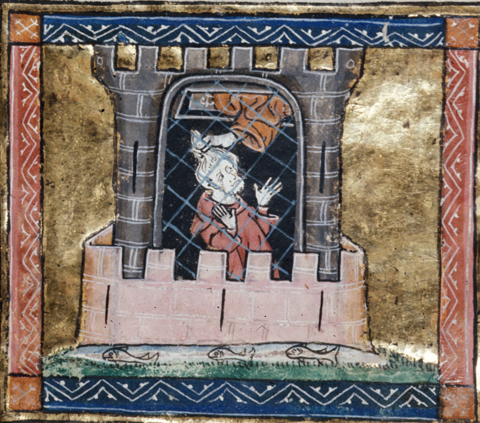 Medieval manuscript image of a man in prison and an arm reaching down into the prison to pull him out by his hair.