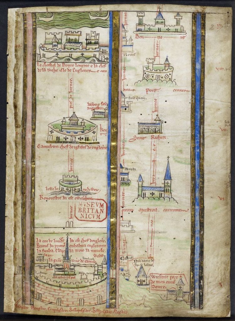Medieval manuscript page with two columns, each with drawings of cities and churches in sequence with labels.