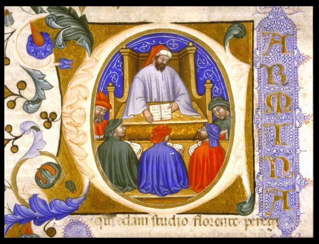 Medieval manuscript image of a man sitting in a wooden chair, holding a book open on the desk in front of him, while five other men hold their own books and listen to him attentively.