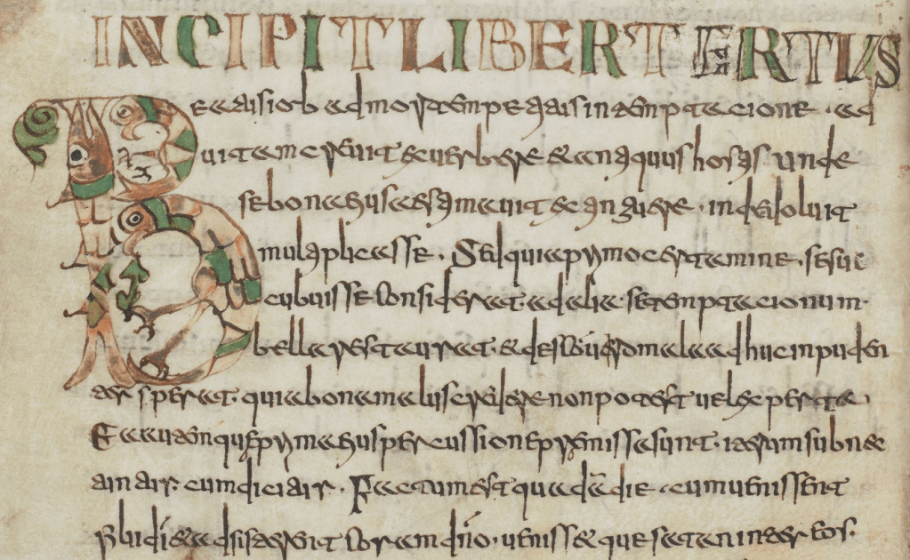 Latin writing in a medieval manuscript; the heading at the top reads "Incipit liber tertius" in colourful capitals and is followed by the letter B shaped from a fish and two birds.