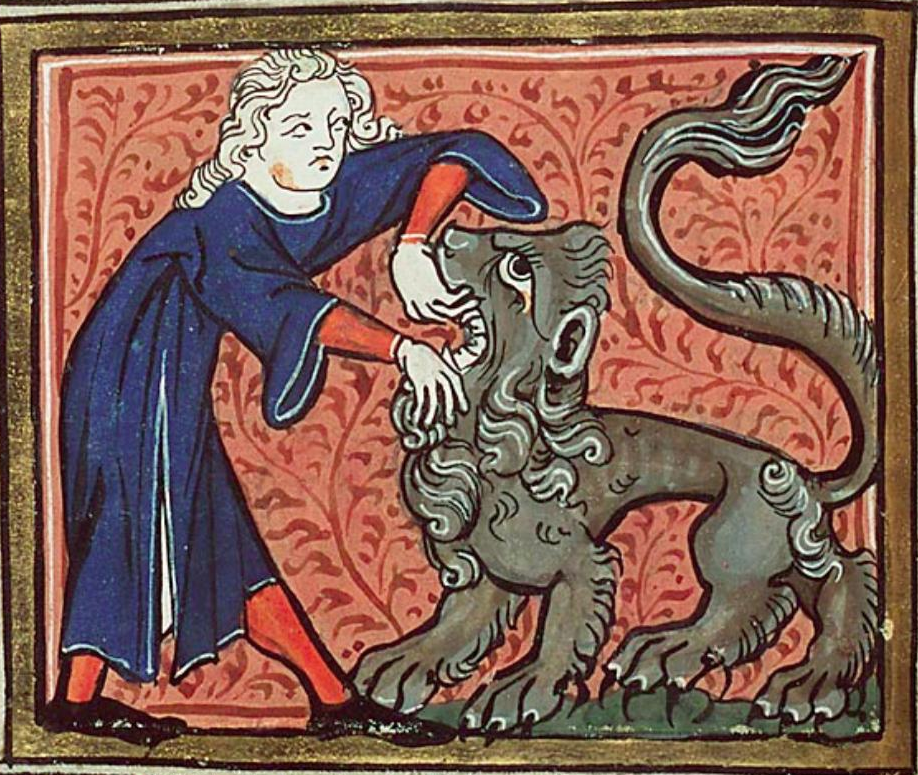 Medieval manuscript image of a blue-robed man with long hair using his bare hands to pull open the jaws of a greyish brown lion.