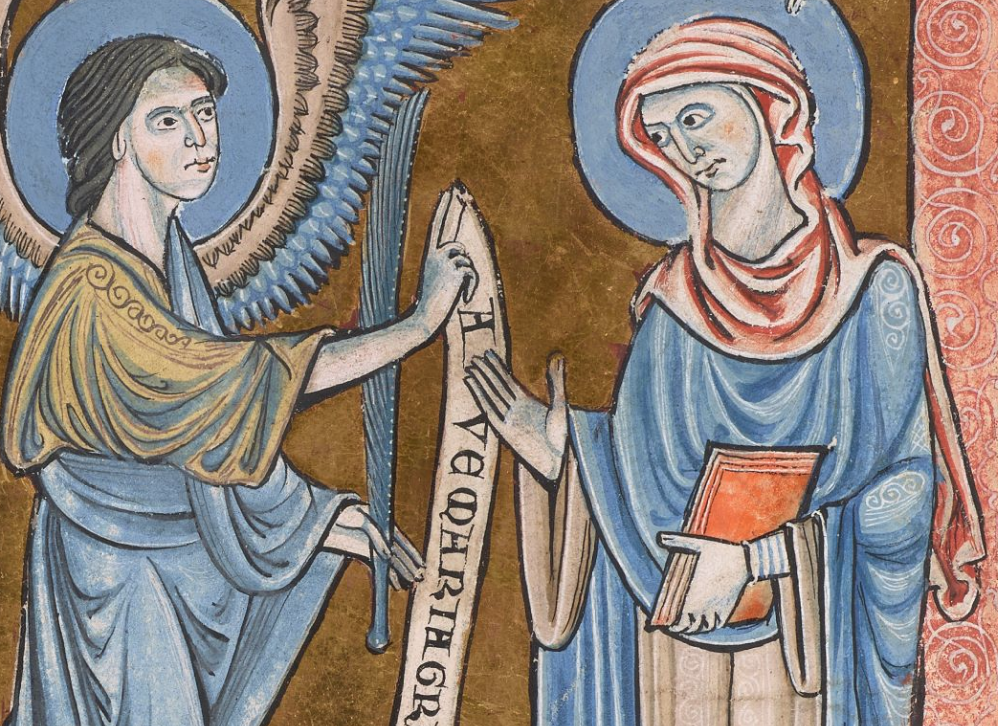 Medieval manuscript image of an angel who extends his hand, which holds a scroll, towards a haloed woman, who raises one hand and holds a book in the other.