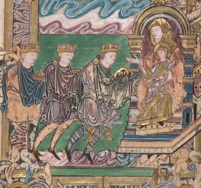 Medieval manuscript image of three kings with gold crowns, carrying gifts and walking towards a woman in a throne with a haloed baby in her lap.