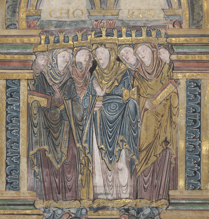 Medieval manuscript image of seven women in gold crowns standing close together and holding books; above them, the word CHORUS is written in gold.