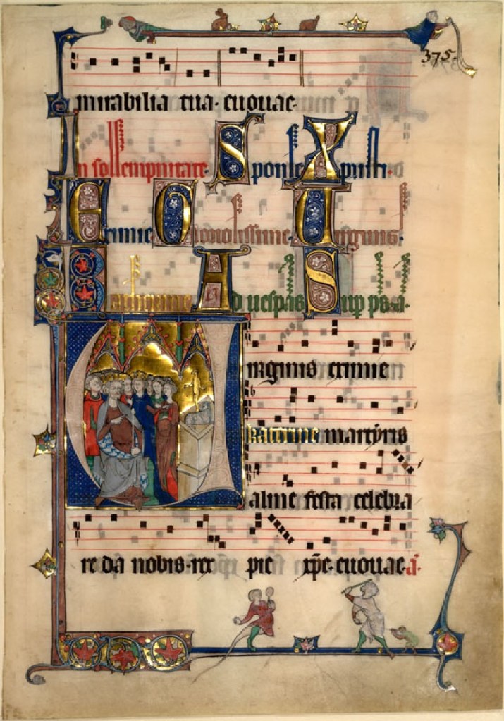 Page from a medieval manuscript showing medieval music notation and words written in Latin; a woman debates with a throned man inside a large letter V.
