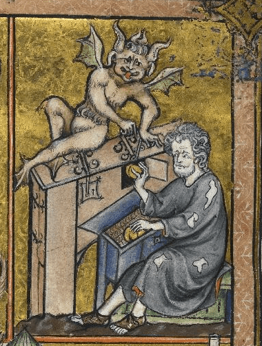 Medieval manuscript image of a man in rags transferring his gold coins from a coffer to a lock box upon which a winged demon sits.