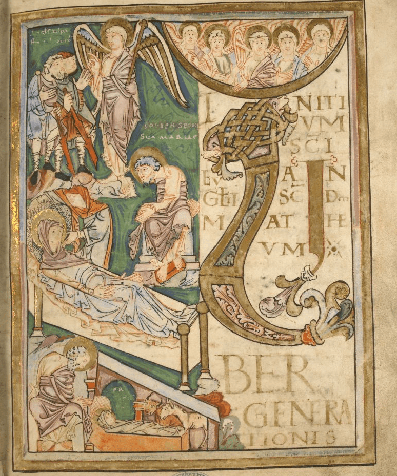Medieval manuscript page showing a block of Latin text beside a sequence of images: 1, an angel addressing two shepherds; 2, a haloed pregnant woman reclined with a haloed man sitting nearby; 3, a haloed man, donkey and ox all looking at a haloed baby.