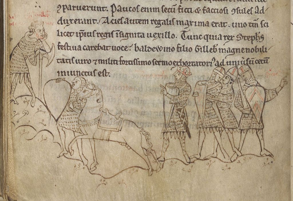 Medieval manuscript image of a king and five of his men dressed in coats of mail, one leading a horse.