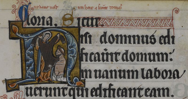 Medieval manuscript image of a woman holding up a hair-shirt for a tonsured man; the illustration is inside the letter N in the Latin word ‘nisi’.