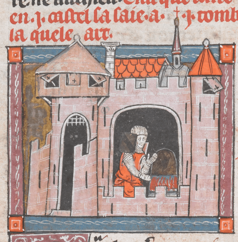 Medieval manuscript image of a man in a castle warming his hands near the fireplace.