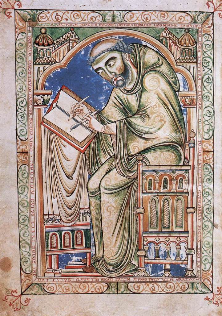 Medieval manuscript image of a monk working on a book with a pen and knife.