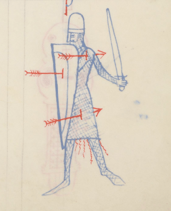 Medieval manuscript image of an armoured man pierced by three arrows: one through his shield at chest level, one through his shoulder, one through his thigh.