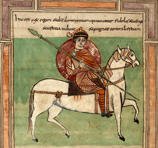 Medieval manuscript image of a king with a spear riding a white horse.