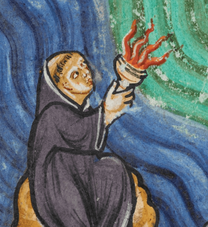 Medieval manuscript image of a monk looking up with a torch in his hand.