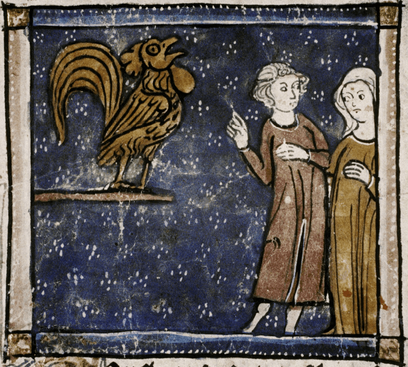 Medieval manuscript image of a cock crowing and a man and woman watching.