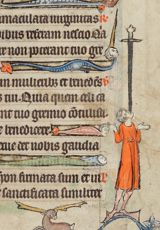 Medieval manuscript image of a man balancing a giant sword on his mouth, the sharp end pointing towards him.