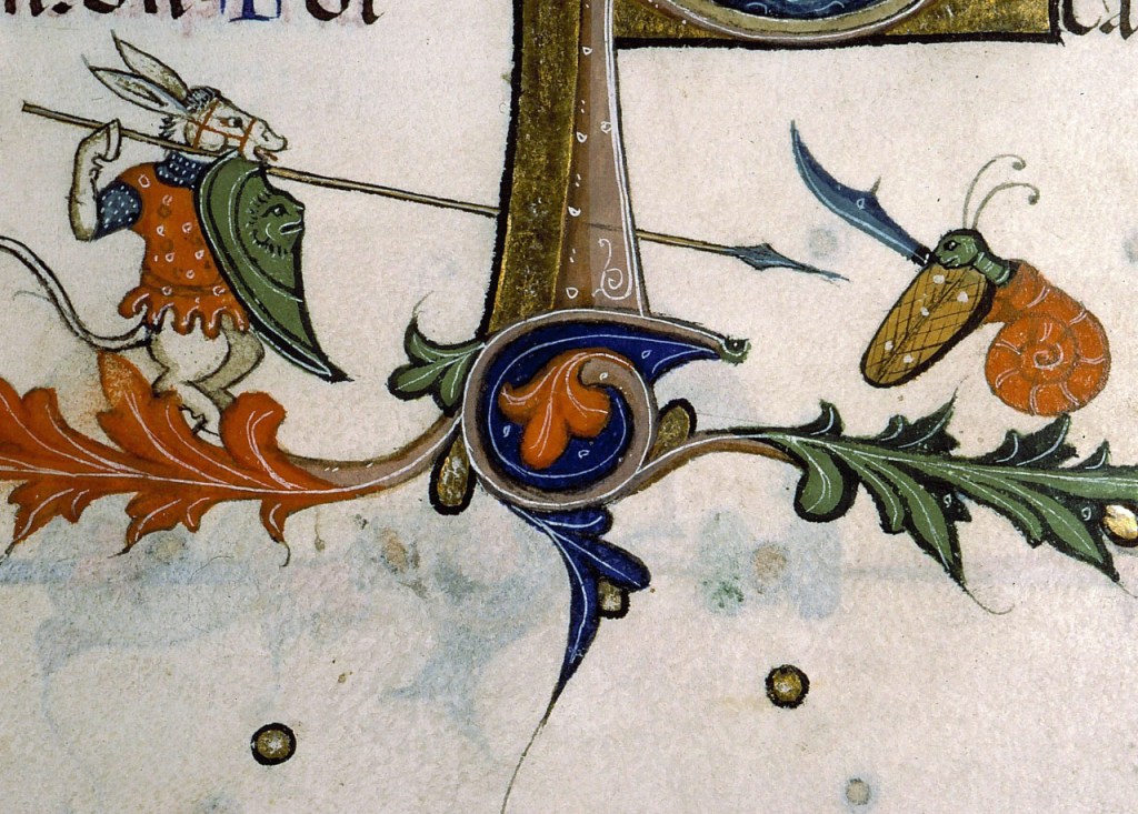 Medieval manuscript image of a donkey with a long spear fighting a snail with a large curved sword.