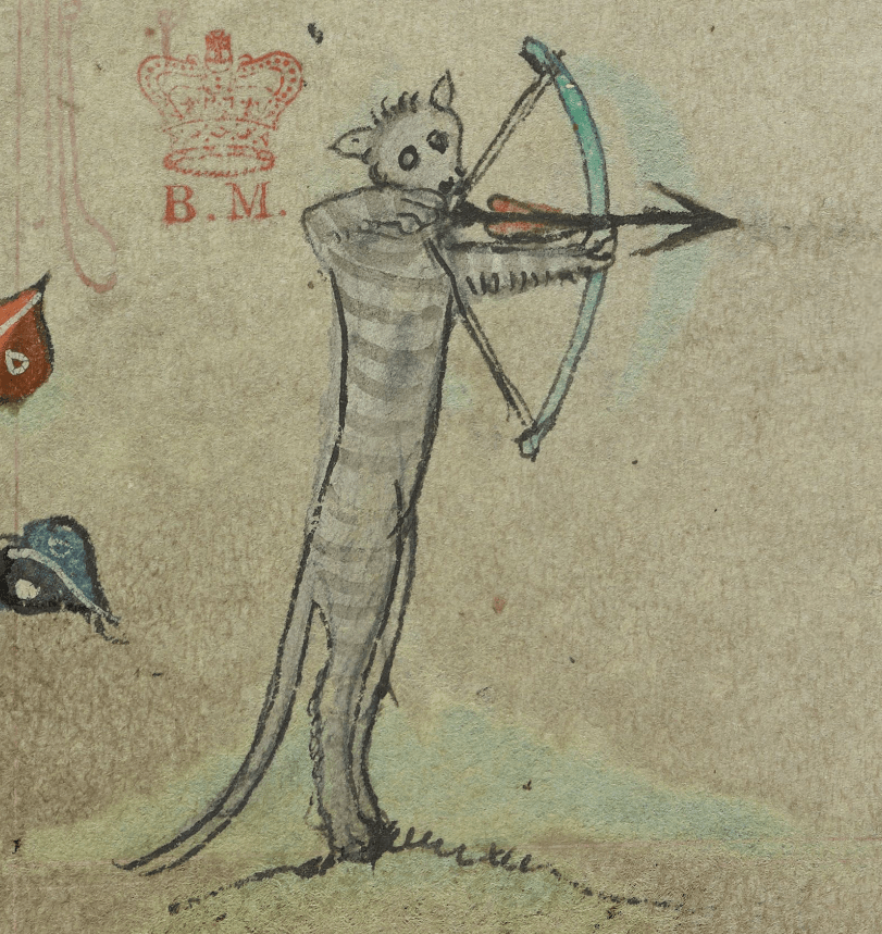 Medieval manuscript image of  a grey-striped cat standing on its hind legs and holding a bow and arrow.