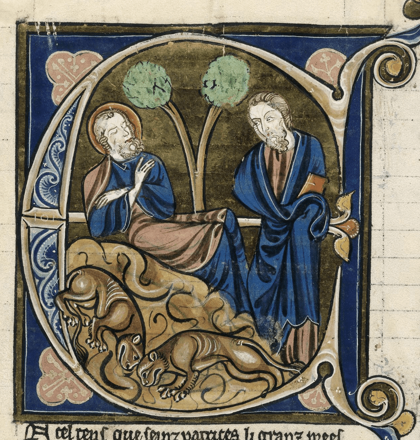 Medieval manuscript image of a haloed man asleep on a knoll with two cat-like animals and a man holding a book nearby.
