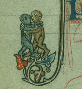 Medieval manuscript image of two monkeys embracing.