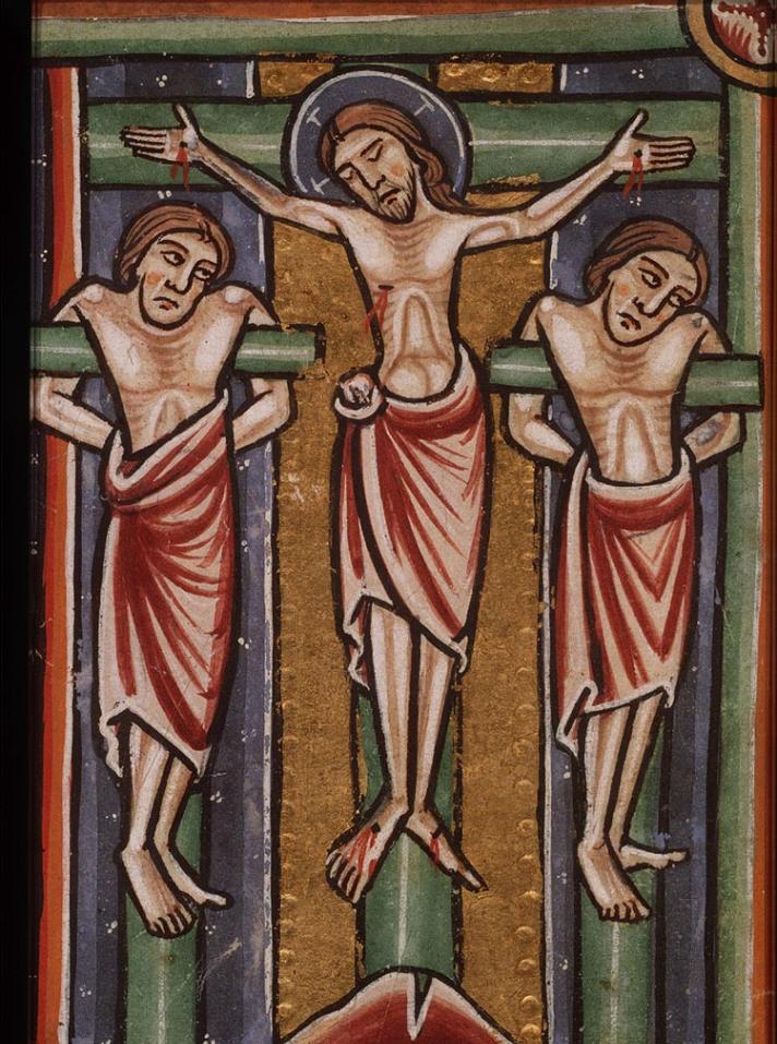 Medieval manuscript image of a Jesus on a cross with two men on crosses on either side of him.