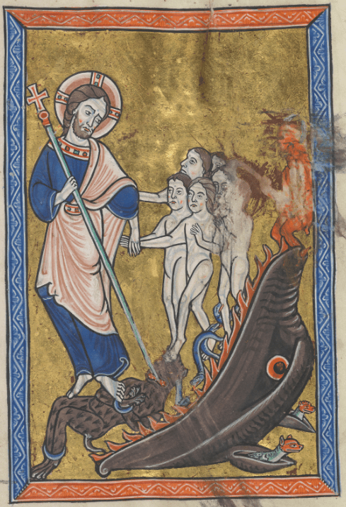 Medieval manuscript image of Jesus stepping on a devil and guiding a group of naked people out of a flaming hell-mouth.
