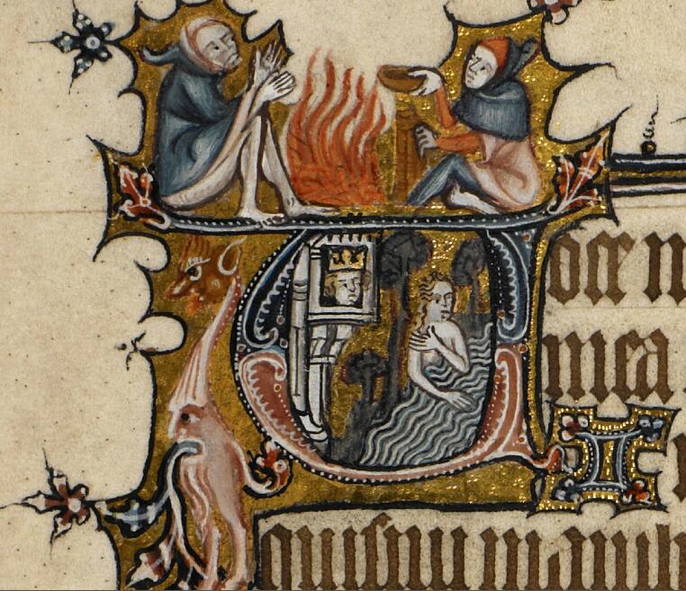 Medieval manuscript historiated initial V, showing a king in a tower spying on a woman bathing; on top of the initial, two men sit on either side of a fire.