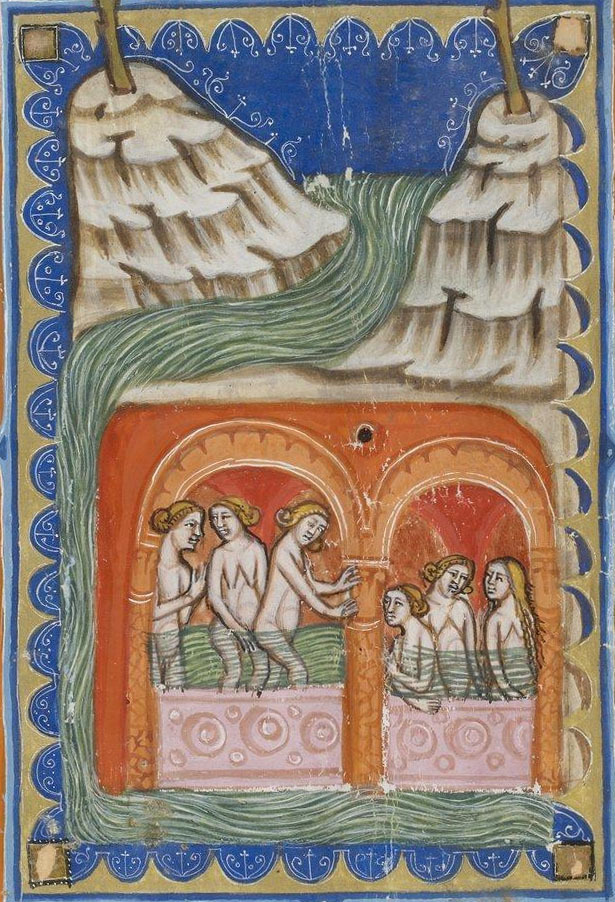Medieval manuscript image of six women bathing in a grotto amidst rocky cliffs and a river.