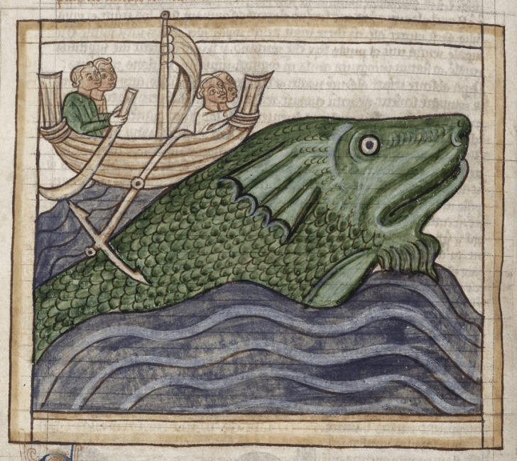 Medieval manuscript image of a whale surfacing from the ocean and raising a boat of four men.