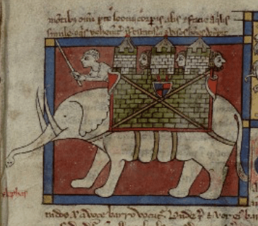 Medieval manuscript image of an elephant carrying a castle with four men on its back.